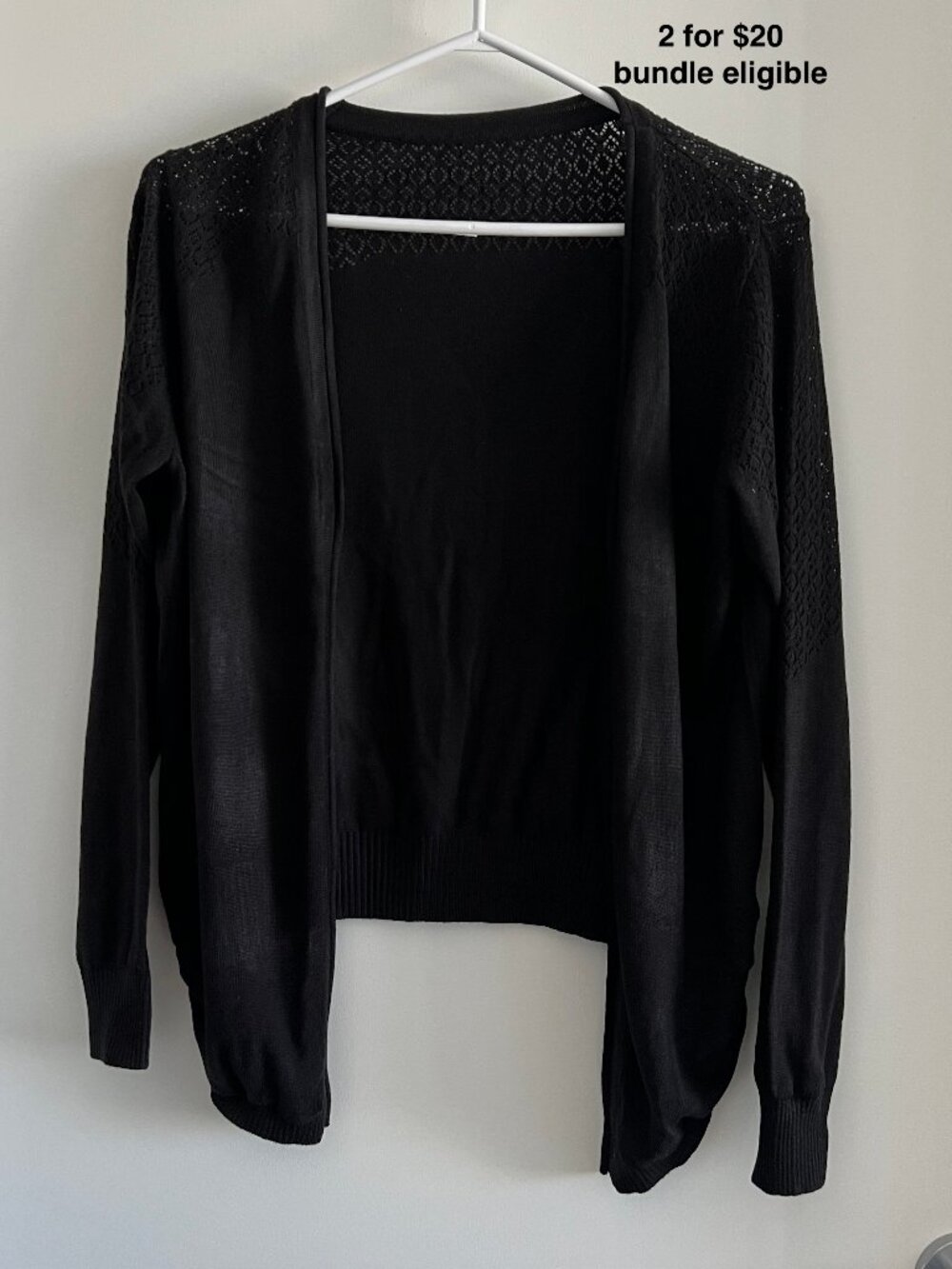 CHEN AN Black Pointelle Knit Cardigan Open Front Lightweight